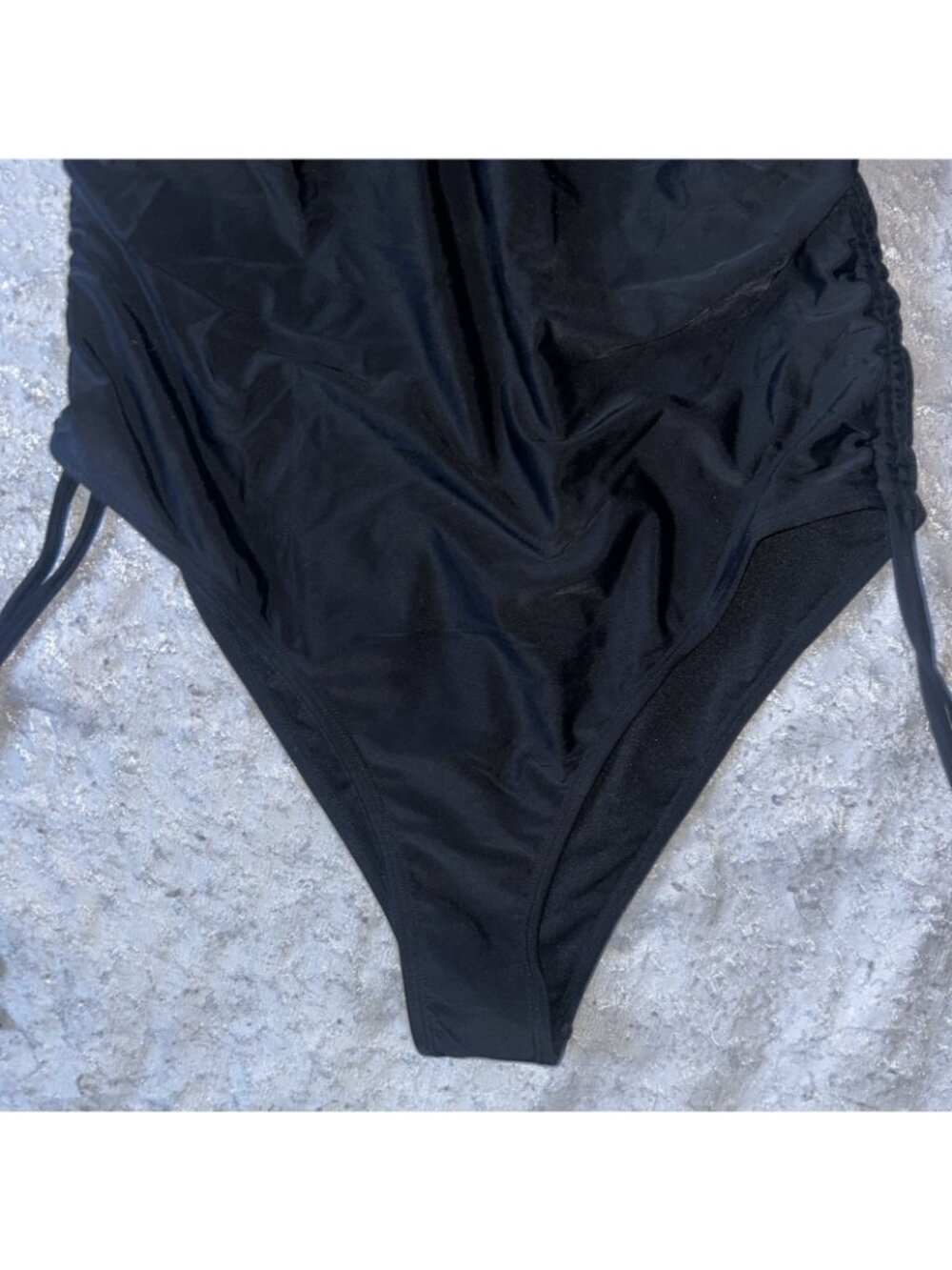 Solid Black Ruched Swimsuit Bathing Suit Plus Size 2XL Lightly Padded Side Ties - Picture 3 of 7